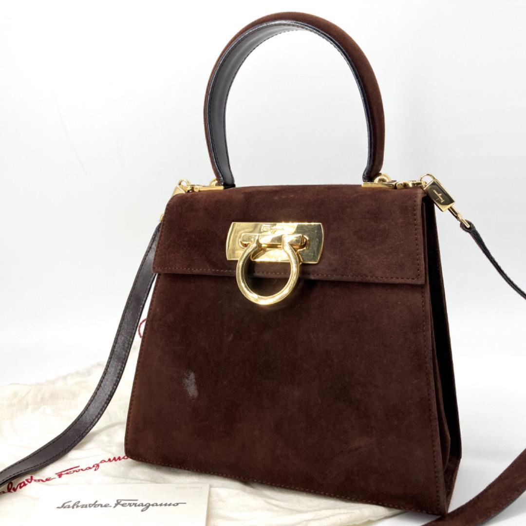 ◆希少美品◆Ferragamo サルヴァトーレフェラガモ ガンチーニ金具 ハンドバッグ スエード 2wayショルダーバッグ トップハンドル ブラウン茶