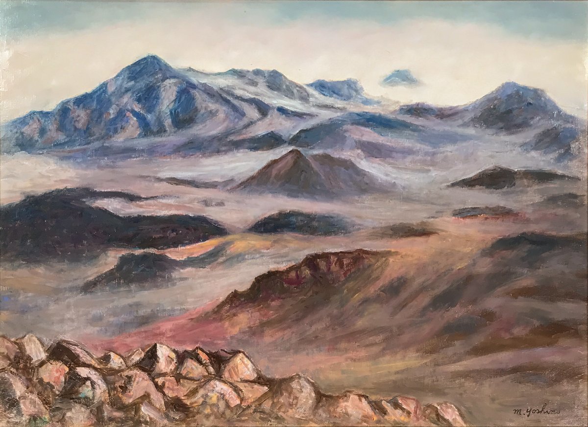 吉野正明 1913-1994 油彩20号 ハレアカラ火山 作家保証シール付 二科会