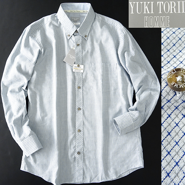 新品 ユキトリイオム ドビー チェック ボタンダウン コットン シャツ LL 白紺灰 【I53219】 YUKI TORII HOMME メンズ 長袖 日本製生地