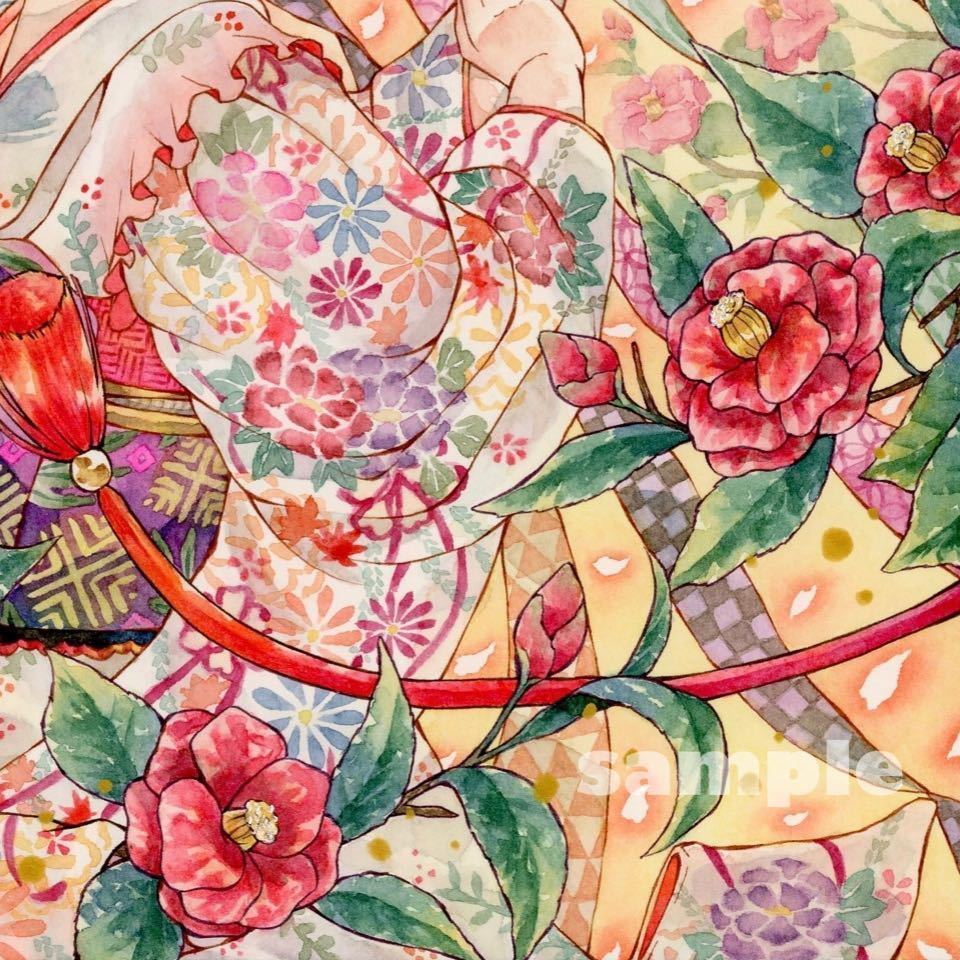 手描きイラストオリジナル 透明水彩 アナログ原画『月華の舞』椿