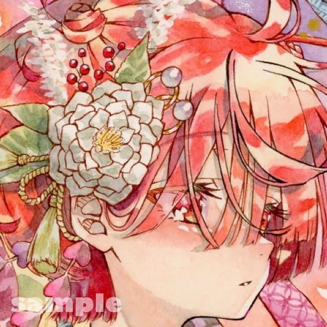 手描きイラストオリジナル 透明水彩 アナログ原画『月華の舞』椿