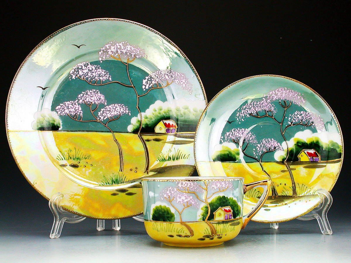 極美品■オールドニッポン 薩摩 エッグシェル 金彩 菖蒲図紋 キャビネットトリオ 初期オールドニッポン銘品!! オールドニッポン・金盛上ジュエル装飾