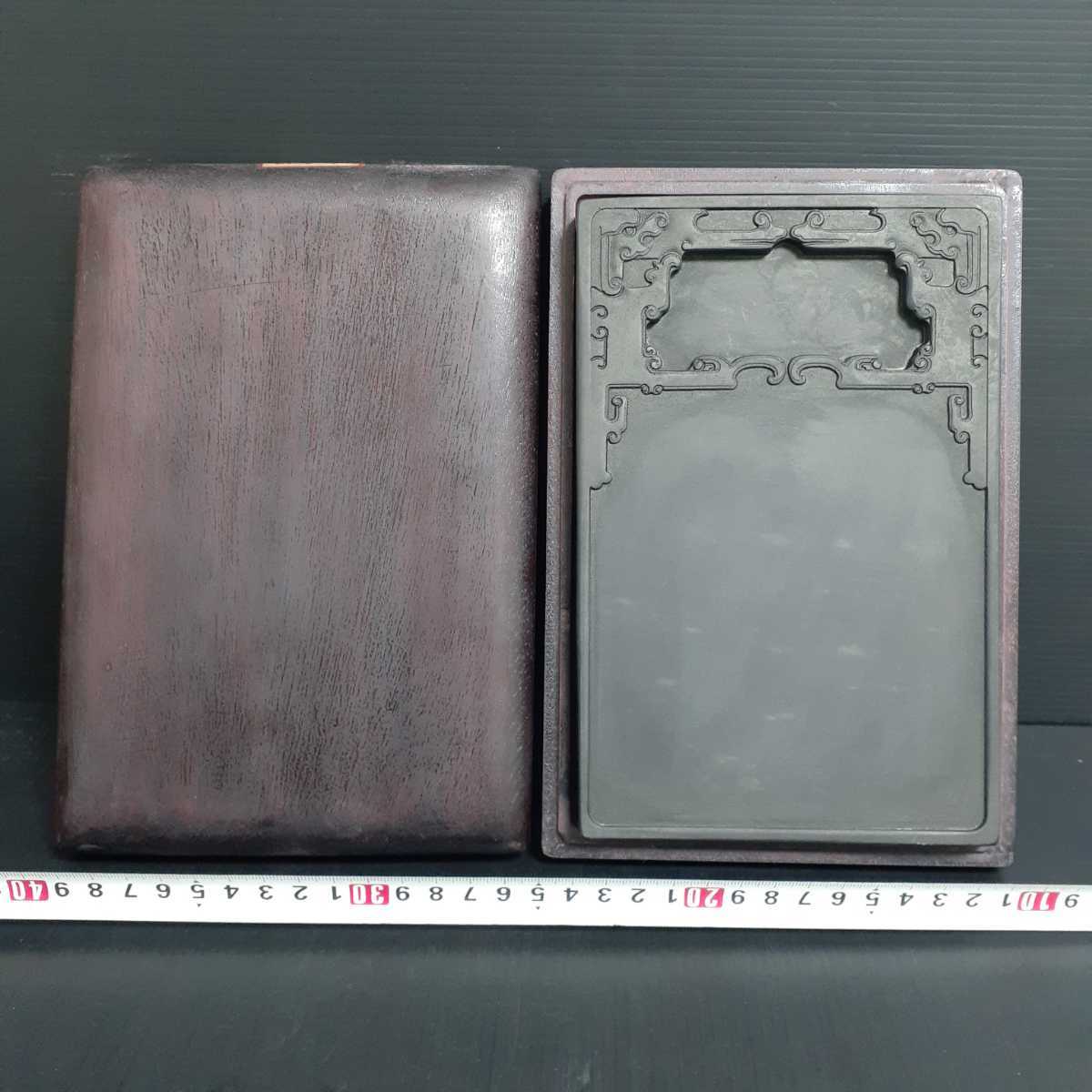 TA313 端渓硯 龍門紋 翡翠斑 鵝毛絨青花 共箱付き (検 老坑水巌 書道具