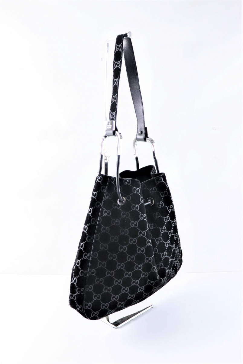 美品】 GUCCI グッチ GG柄 スエード レザー 巾着ショルダーバッグ 