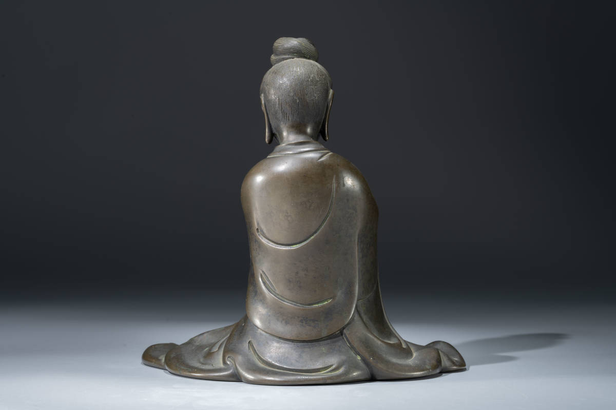 儒】中国美術・時代物 古銅 嵌銀 仏像「観音菩薩像」石叟在銘 唐物 高