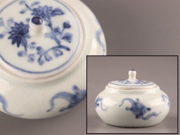 古美術 朝鮮古陶磁器 李朝 白磁 染付 蓋物 時代物 極上品 初だし