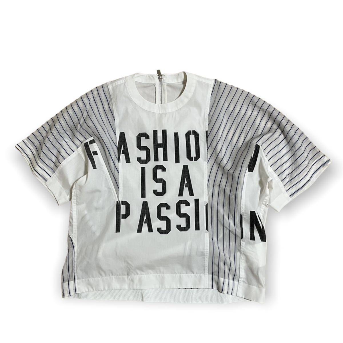 サカイ 17SS 変形 カットソー ストライプ 切替 ロゴ 五分袖 2 白 青 ♪1，000〜 sacai サカイ 17SS 変形 カットソー ストライプ 切替 ロゴ
