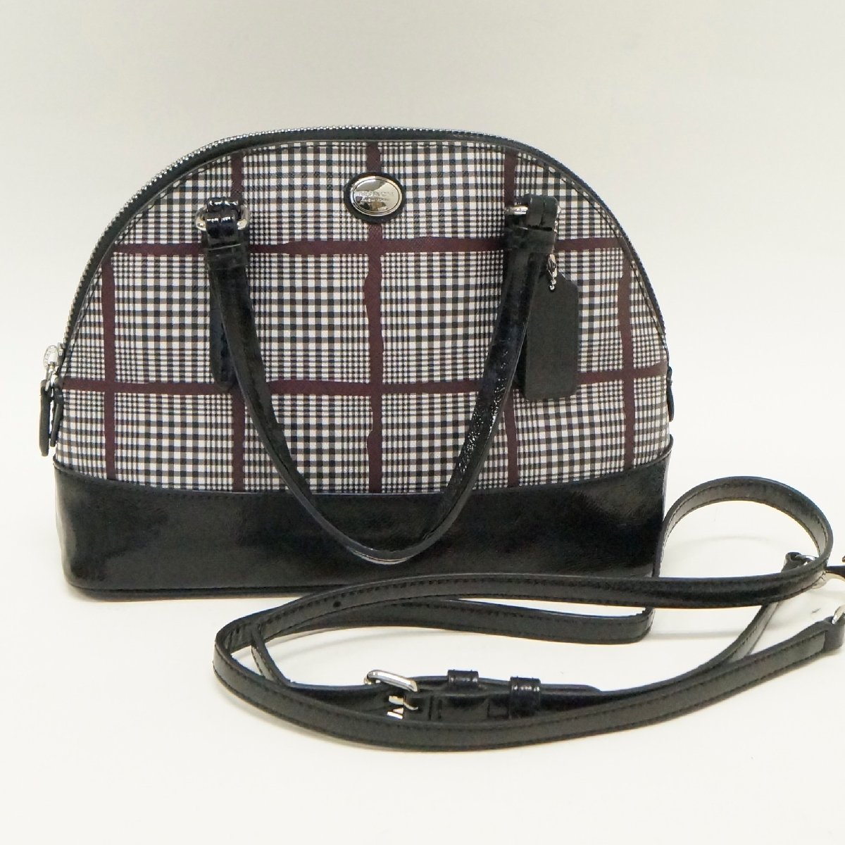 中古 COACH コーチ チェック柄 ハンドバッグ ドーム型 ショルダー 