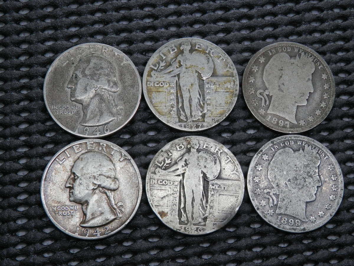 アメリカ 25セント銀貨×6枚 1898・99・1926・27・42・46年 合計35.21