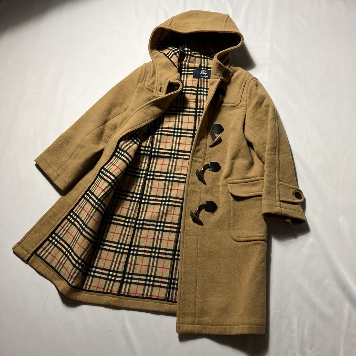 [C12] 極美品 1円 BURBERRY LONDON バーバリー ロンドン ダッフルコート ノバチェック ロング丈 キャメル ウール サイズ(140A) 水牛トグル