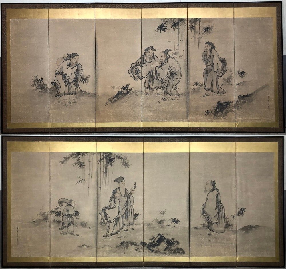 都屋】31t 狩野探幽 法印探幽行年六十五歳筆 竹林七賢人図 屏風 高さ