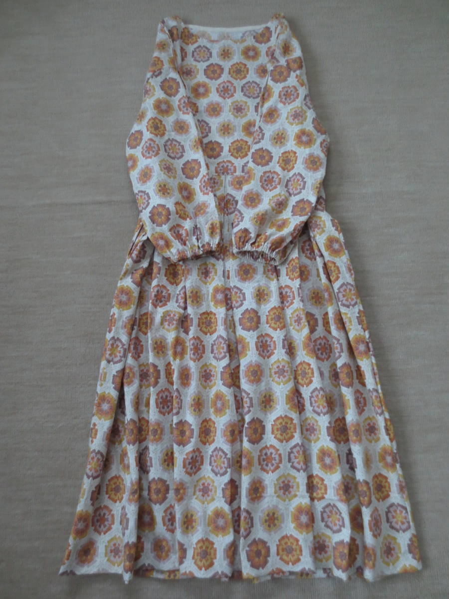 ハンドメイド ワンピース★かぎ編み転写プリント柄 切り替えタック☆Oｐ