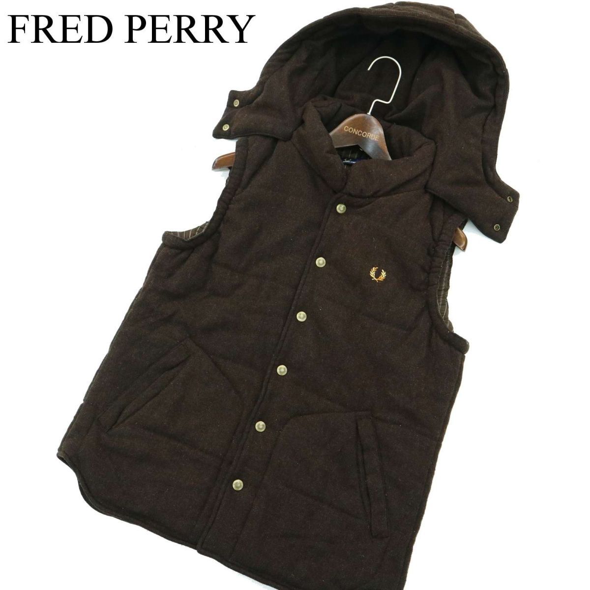 FRED PERRY フレッドペリー 秋冬 ロゴ刺繍★ ウール ツイード フーディー 中綿 ベスト Sz.M　メンズ　A2T14483_C#N