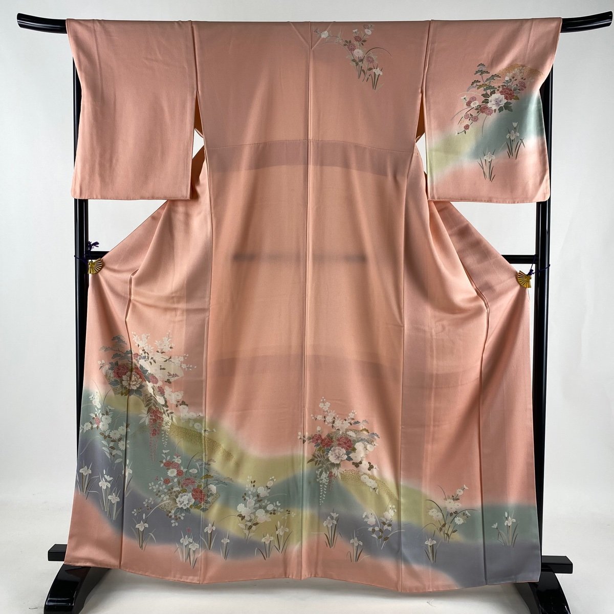 訪問着 美品 秀品 扇面 草花 金糸 金彩 薄ピンク 袷 身丈164.5cm 裄丈68cm L 正絹 【中古】