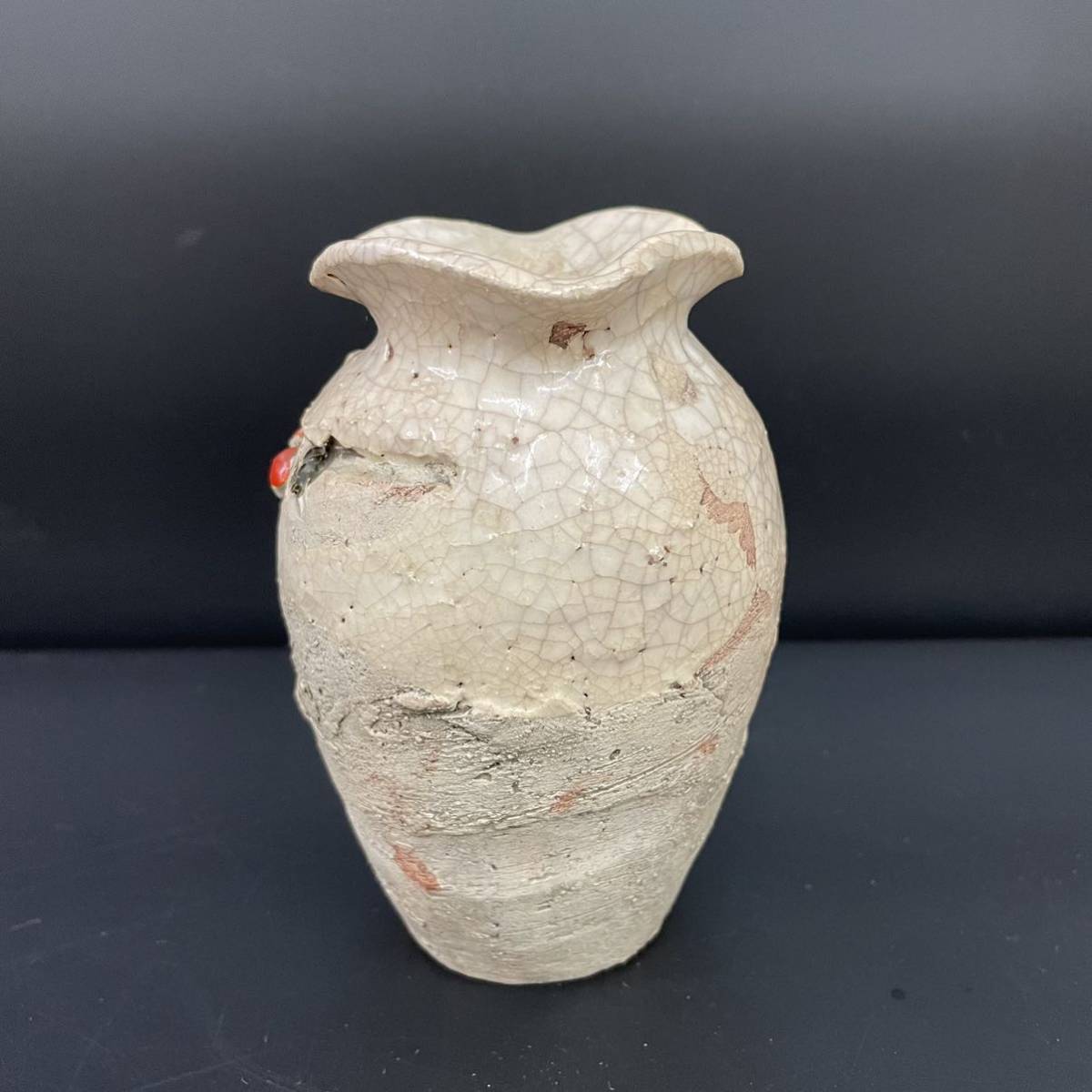 水月焼 伊予松山 蟹細工 花瓶 花生 花器 陶器 在銘 天神蟹彫 共箱 希少 伊予松山 水月焼 二六焼 天神蟹彫刻 蟹細工 花瓶 花器 古