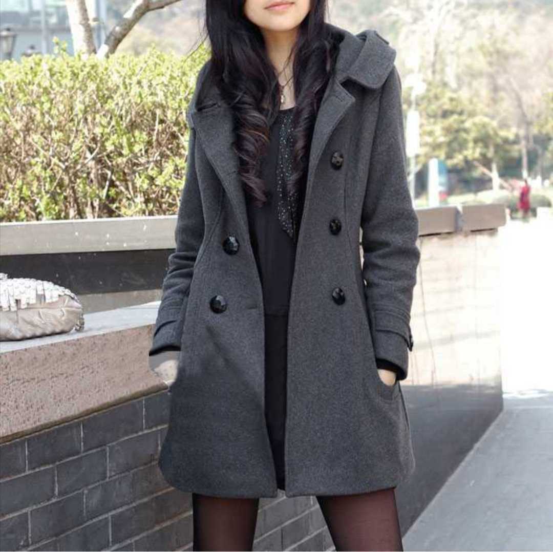 Vivi Show ロングコート トレンチコート チェスターコート レディース フード付き 大きいサイズ Aライン ピーコート ラシャ グレー XL LL