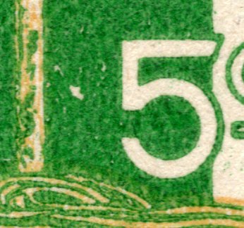 長尾鶏５円（濃い緑）使用済シート　奇分割　pos.91「０」欠け　pos.40「５」の左に白点（半田29.8.14） ORANGE | S560
