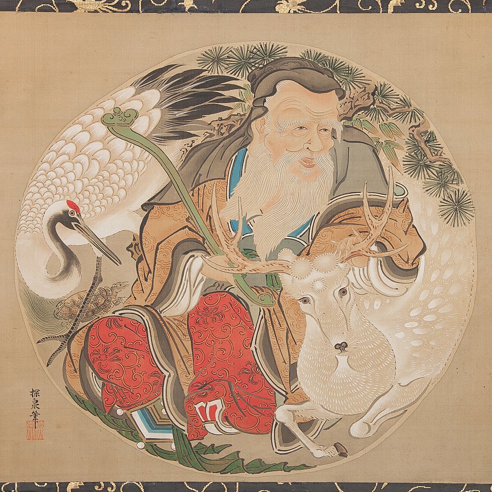 【五】鶴澤探泉 『円窓寿老人図』 絹本 彩色 掛軸 箱付