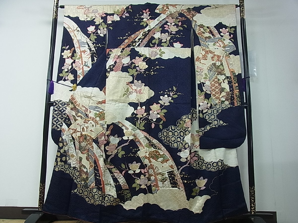 平和屋着物□豪華振袖 駒刺繍 雲取り扇面鳳凰花蝶文 金彩