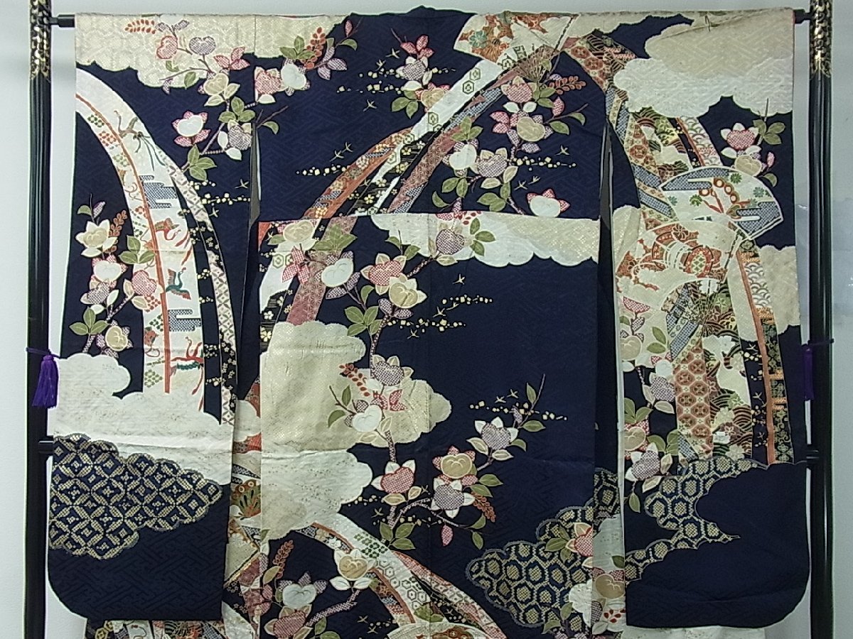 平和屋着物□豪華振袖 駒刺繍 雲取り扇面鳳凰花蝶文 金彩