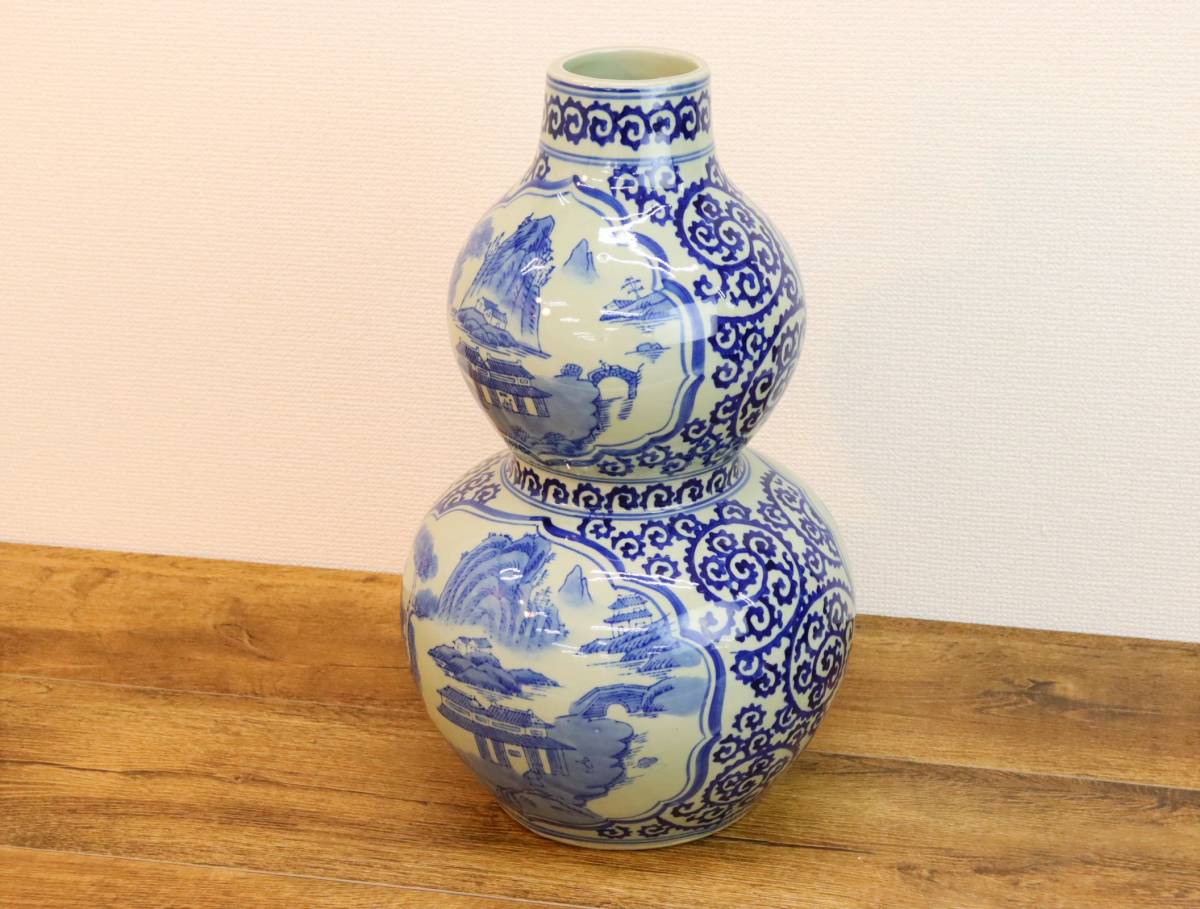 壺 瓢箪型 蛸唐草文様 山水画 飾り壺 直径26cm 高さ42cm 重量約5.2kg 