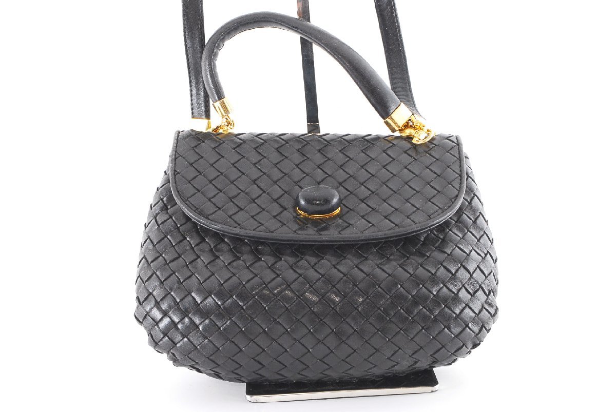 外観 美品 ボッテガ イントレチャート ターンロック 2way ハンドバッグ ブラック BOTTEGA VENETA