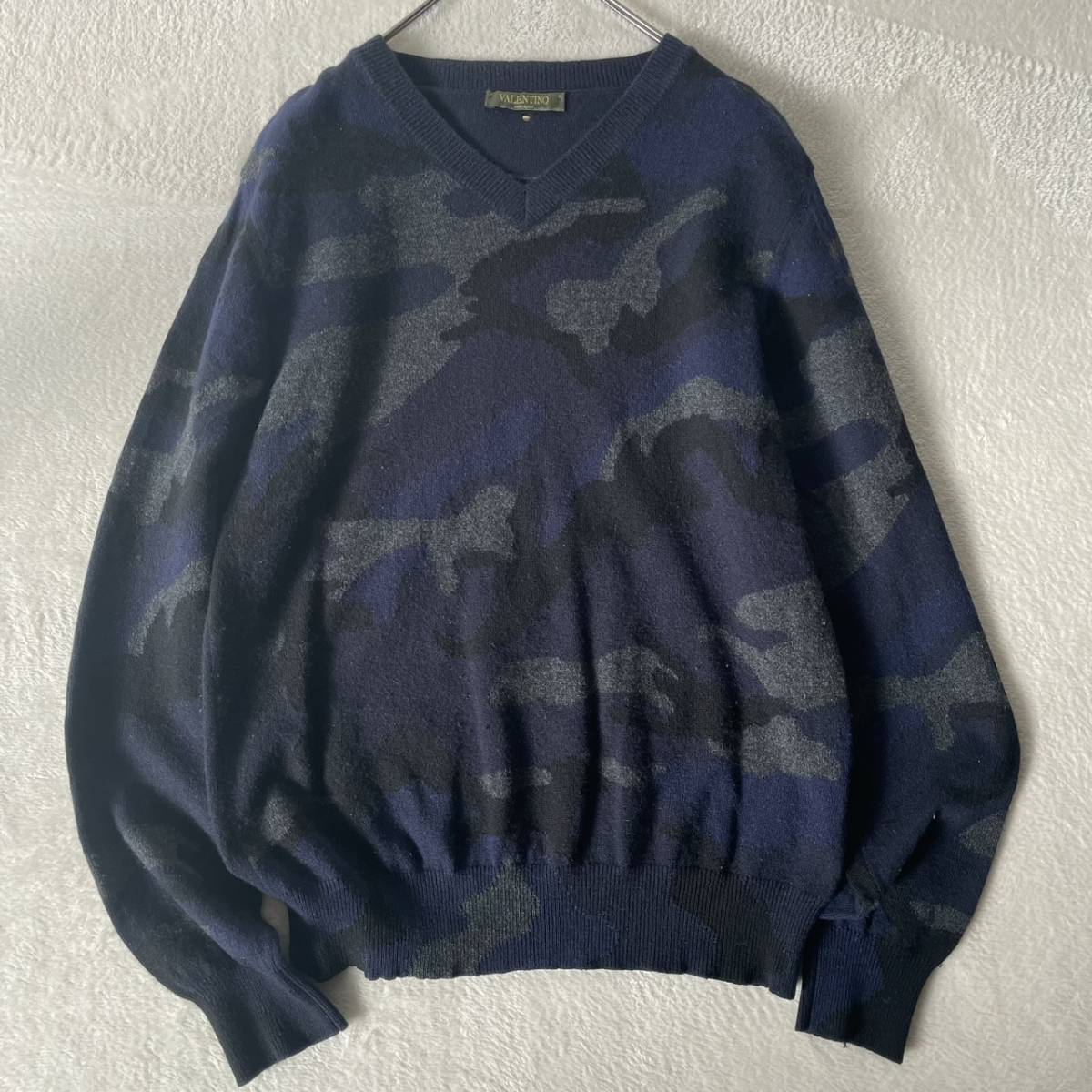 VALENTINO】クルーネックニット カシミヤ100% Vロゴ ネイビー M 【公式