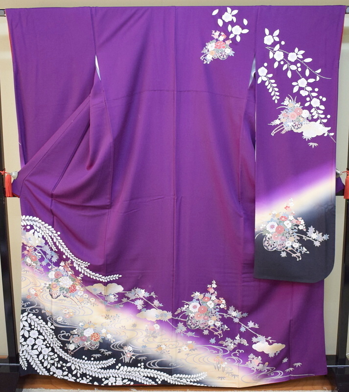 【凛々】14L　中古品 正絹 振袖 紫 花車 辻が花　大きいサイズ 身丈169.5 裄67.5