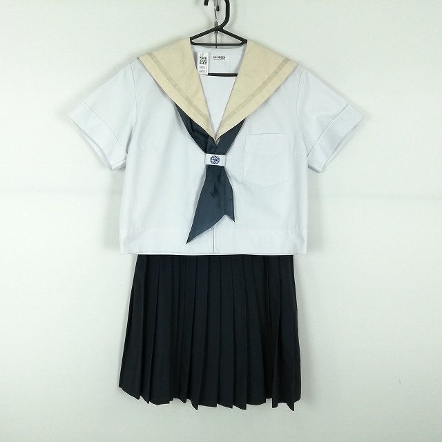 1円 セーラー服 スカート スカーフ 上下3点セット 大きいサイズ 夏物 ベージュ1本線 女子 学生服 大阪東雲中学 白 制服 中古 ランクC NA451