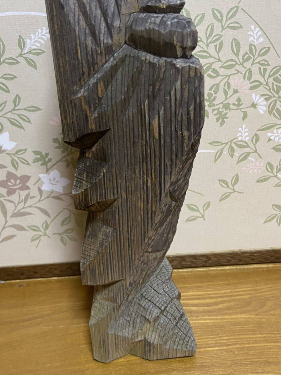 仏像 一刀彫 仏教美術 木彫 円空仏 高さ44cm ☆一渓刀？ 在銘あり 時代物 木彫 円空仏 高さ約46cm 仏教美術 ☆0401