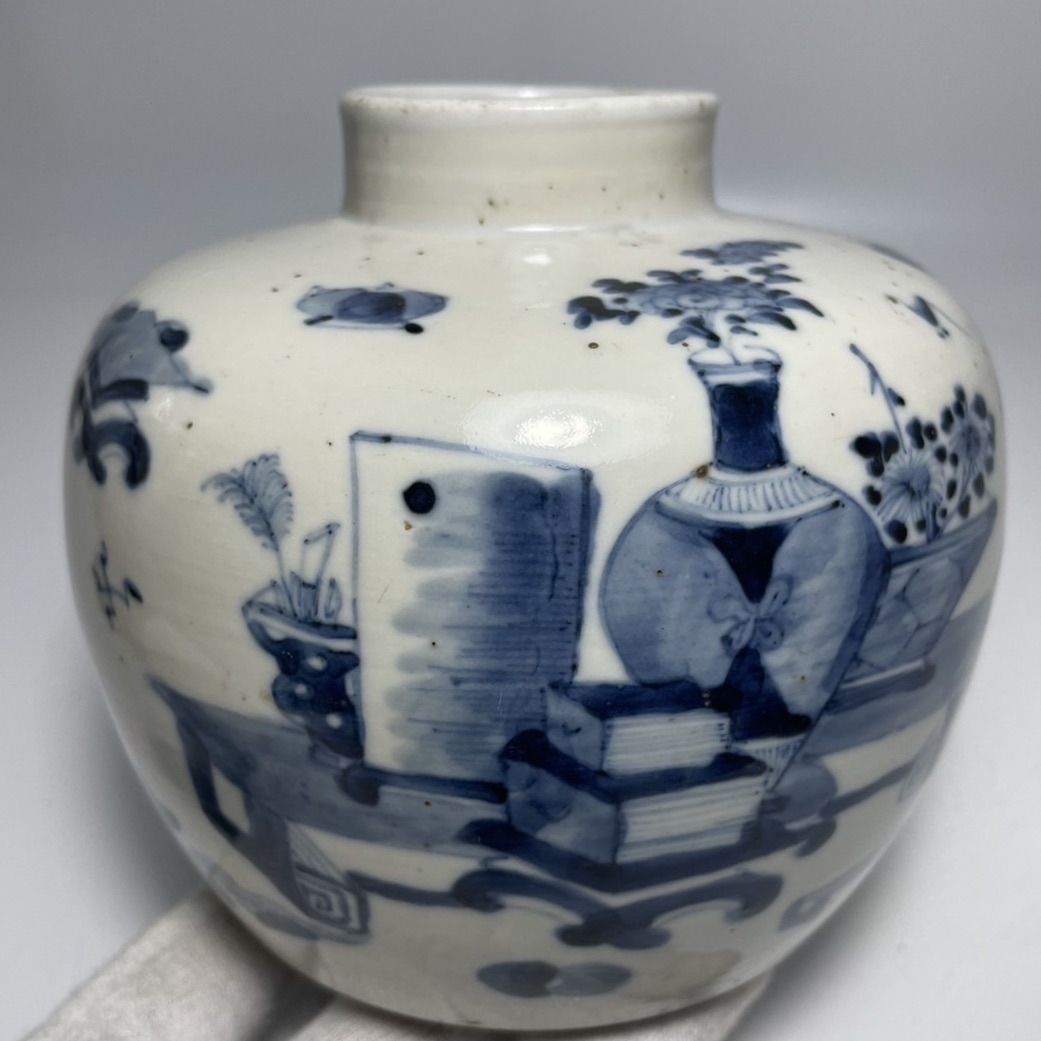 康熙青花锦地四开光博古花鸟纹茶罐 流中国美術 径30cm
