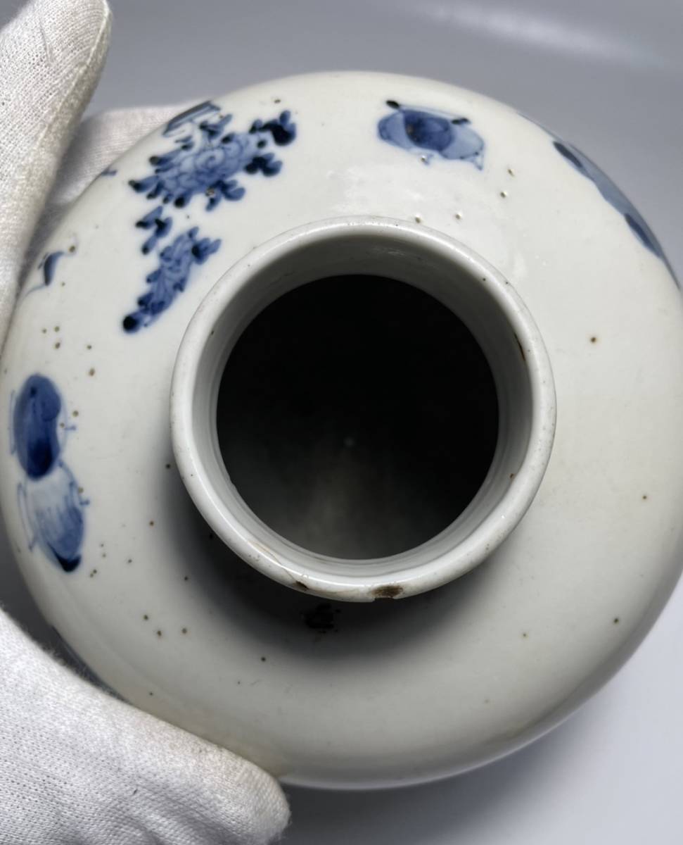 康熙青花锦地四开光博古花鸟纹茶罐 流中国美術 径30cm