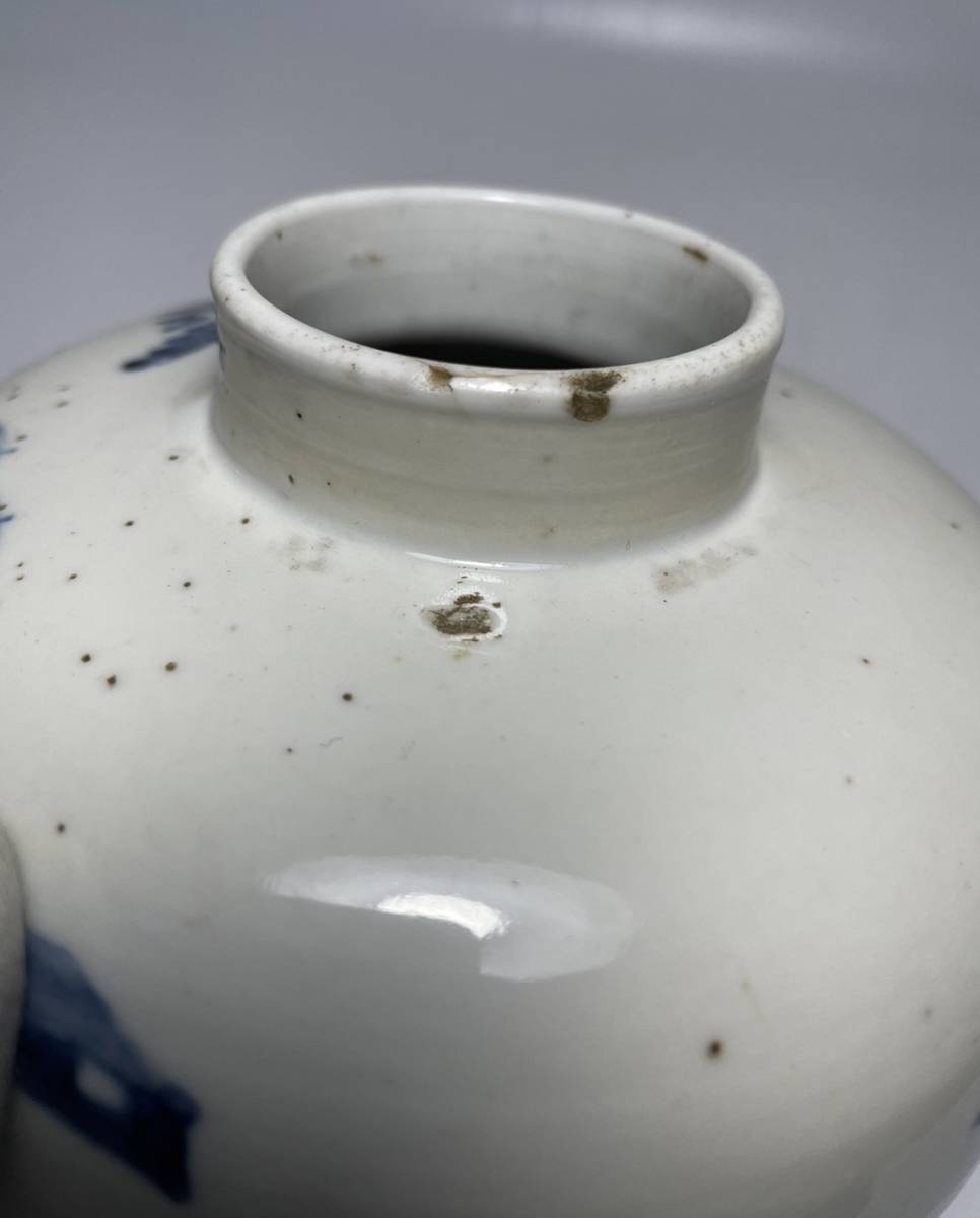康熙青花锦地四开光博古花鸟纹茶罐 流中国美術 径30cm
