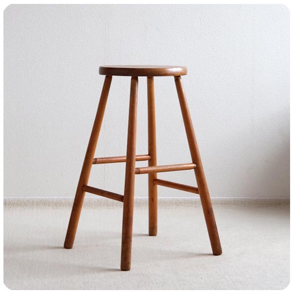 イギリス アンティーク ハイスツール 無垢材 丸椅子 ナチュラル 花台 家具「飾り台にも」T-900