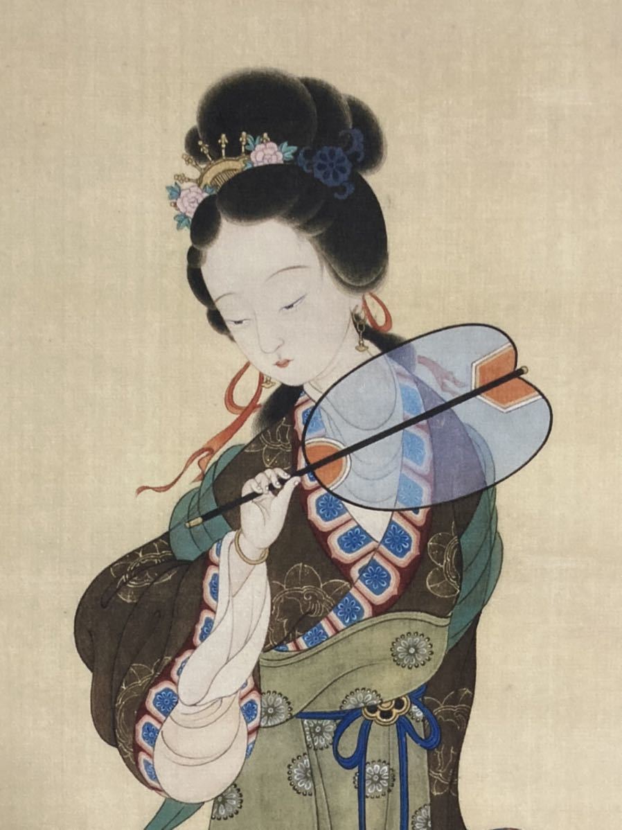 謝之光 「執扇仕女図」 紙本 まくり／現代中国 画家 中国美術 水墨画