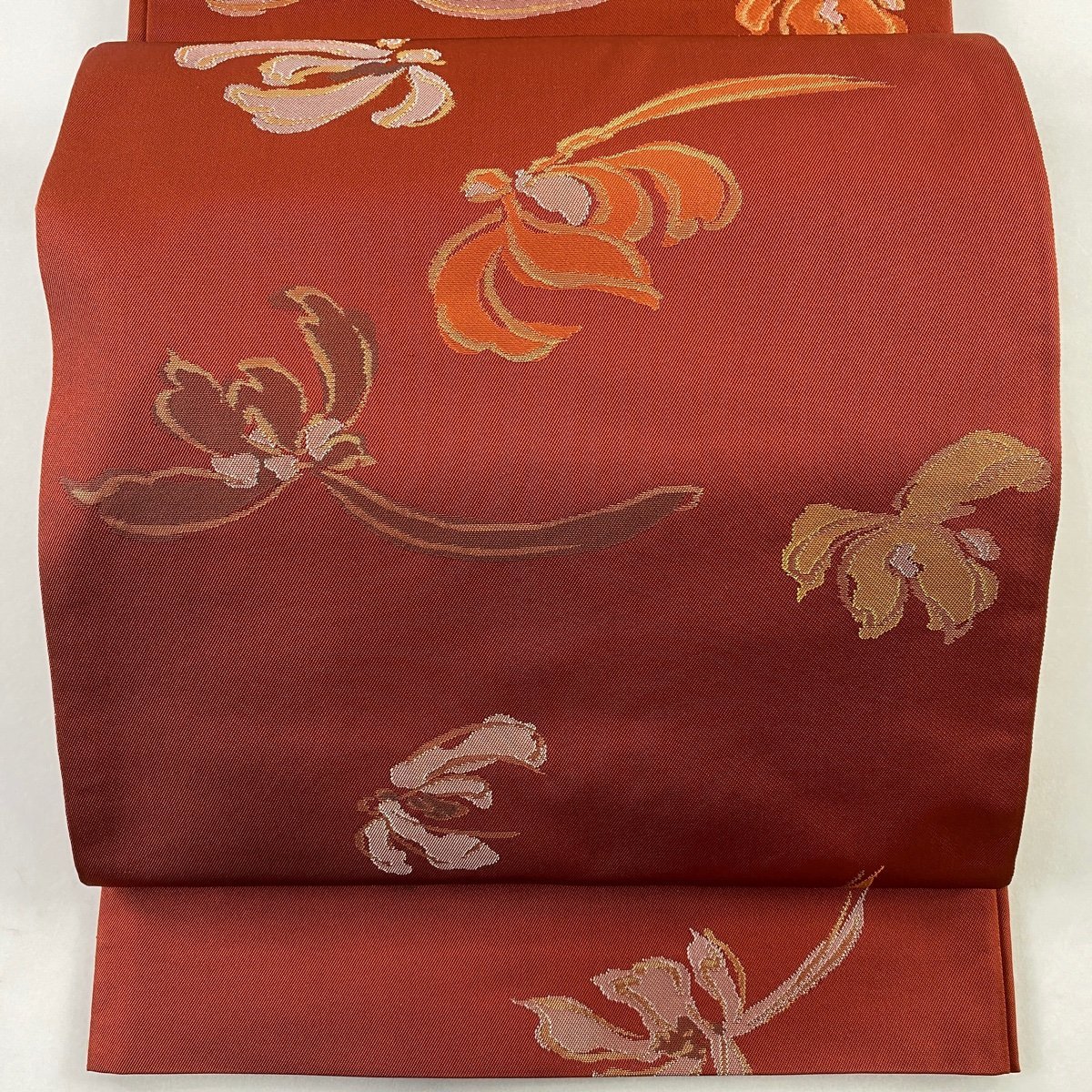 袋帯 美品 名品 落款 川島織物 花 箔 茜色 六通 正絹 【中古】
