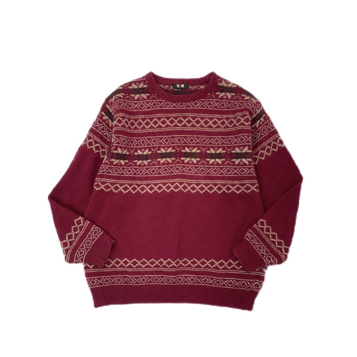 ◆VAN JAC ヴァン クルーネックセーター ノルディック ニット ウールセーター トラッド アイビー メンズL ボルドー