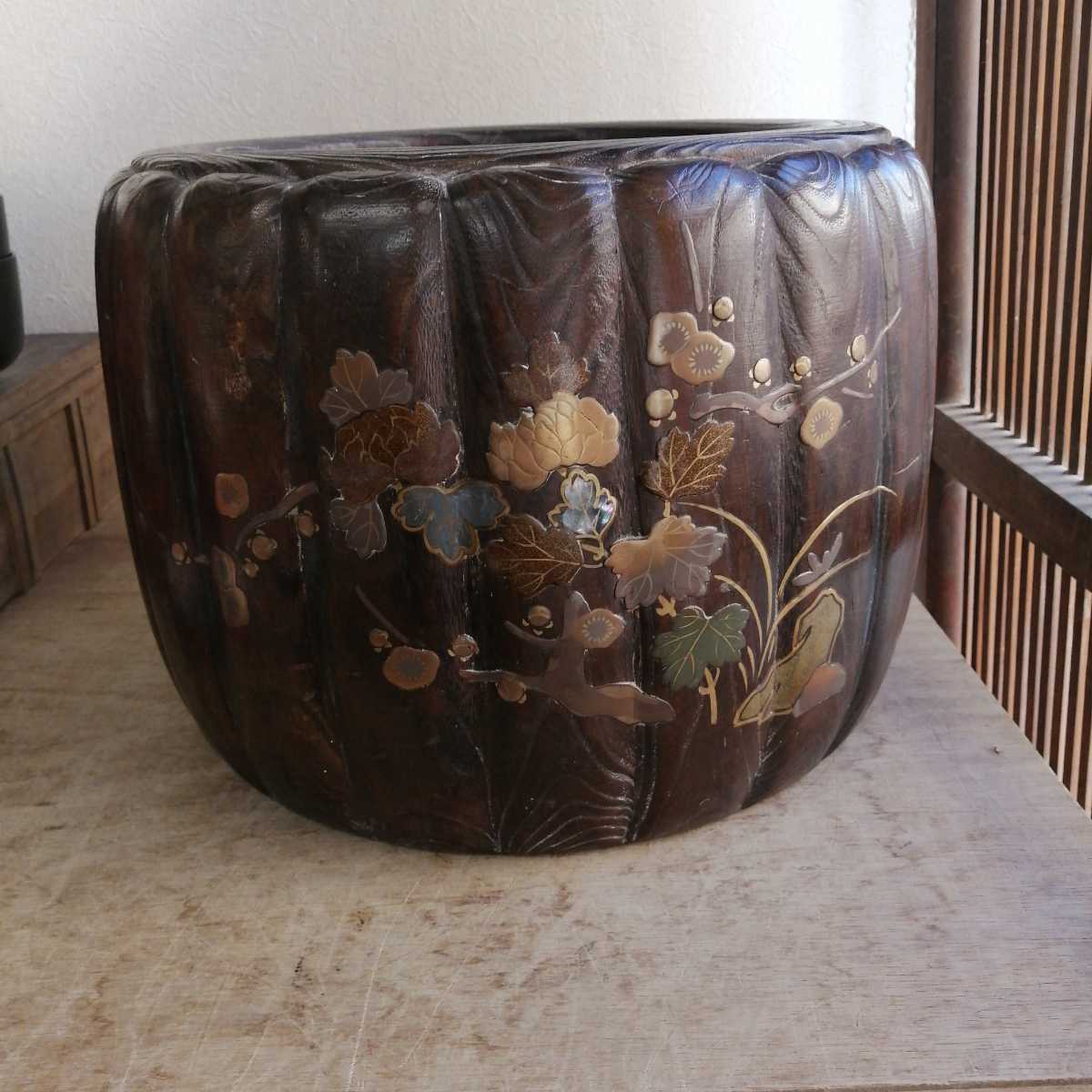 火鉢　胴のみ　桐 蒔絵 古民具 木製 骨董　螺鈿　蒔絵細工　アンティーク