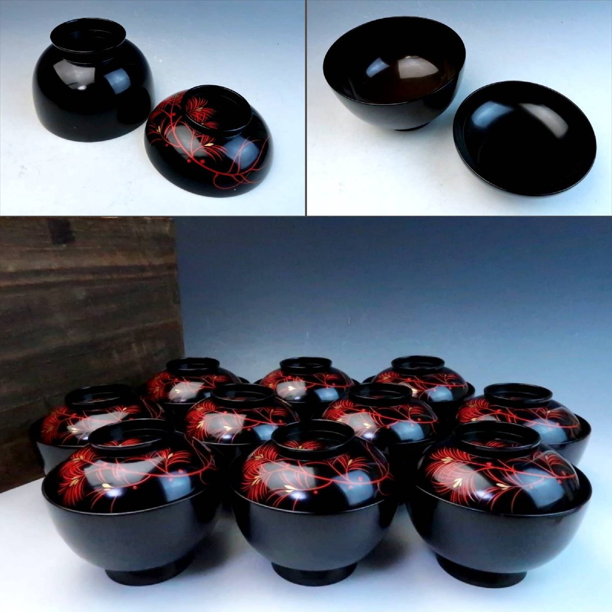 時代物 加賀漆器 黒漆朱金蒔絵 根引若松文 吸物椀 蓋椀 汁物