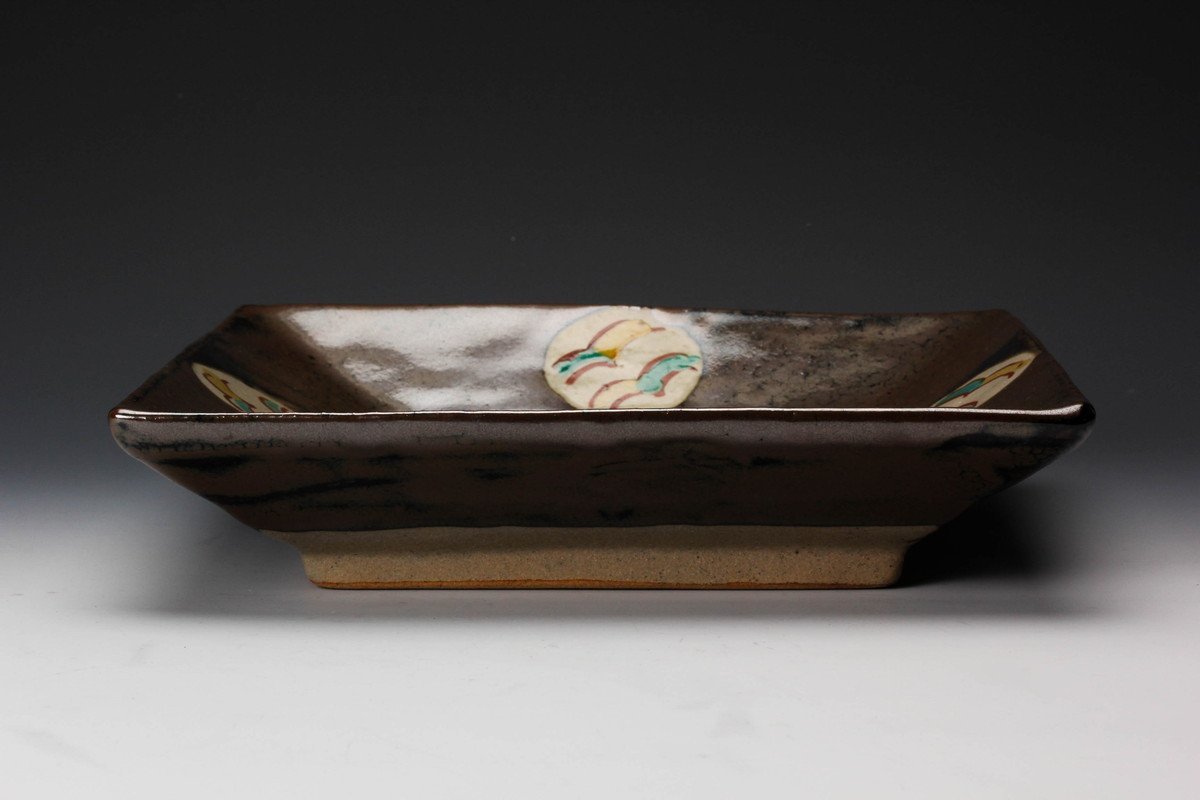 人間国宝島岡達三象嵌縄文角皿22.5cm