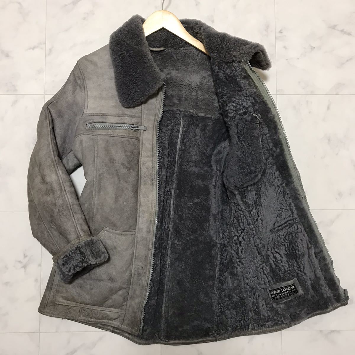 【希少なグレー本革】リアルムートンコート｜羊革 ムートンジャケット｜寒い冬にピッタリ極暖仕様｜フルジップ｜メンズLサイズ相当