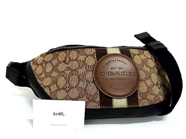 1円 ■美品■ COACH コーチ 4119 シグネチャー キャンバス×レザー ウエストバッグ ボディバッグ メンズ ブラウン系×ブラック系 AH2937ハN