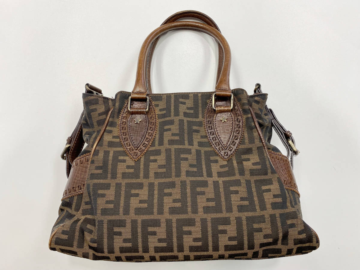 エトニコ ズッカ柄 ハンドバッグ 美品フェンディFF レザーキャンバス  