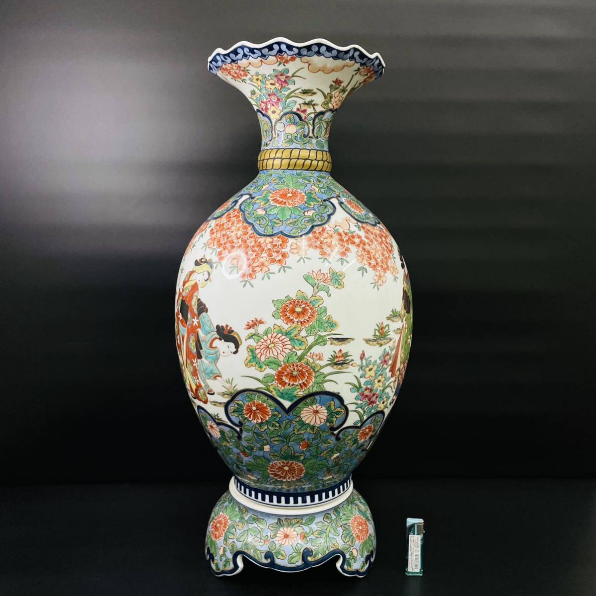 古美術品 有田焼 色絵美人金彩花鳥紋図 壺 沈香壺 特大約70cm 検)飾壷