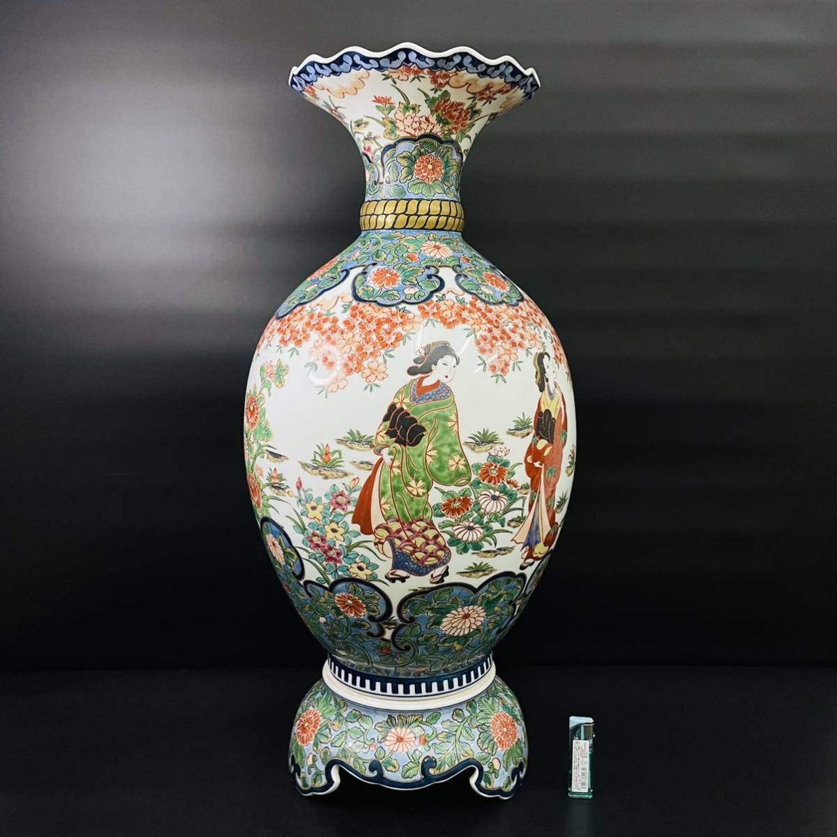 古美術品 有田焼 色絵美人金彩花鳥紋図 壺 沈香壺 特大約70cm 検)飾壷 