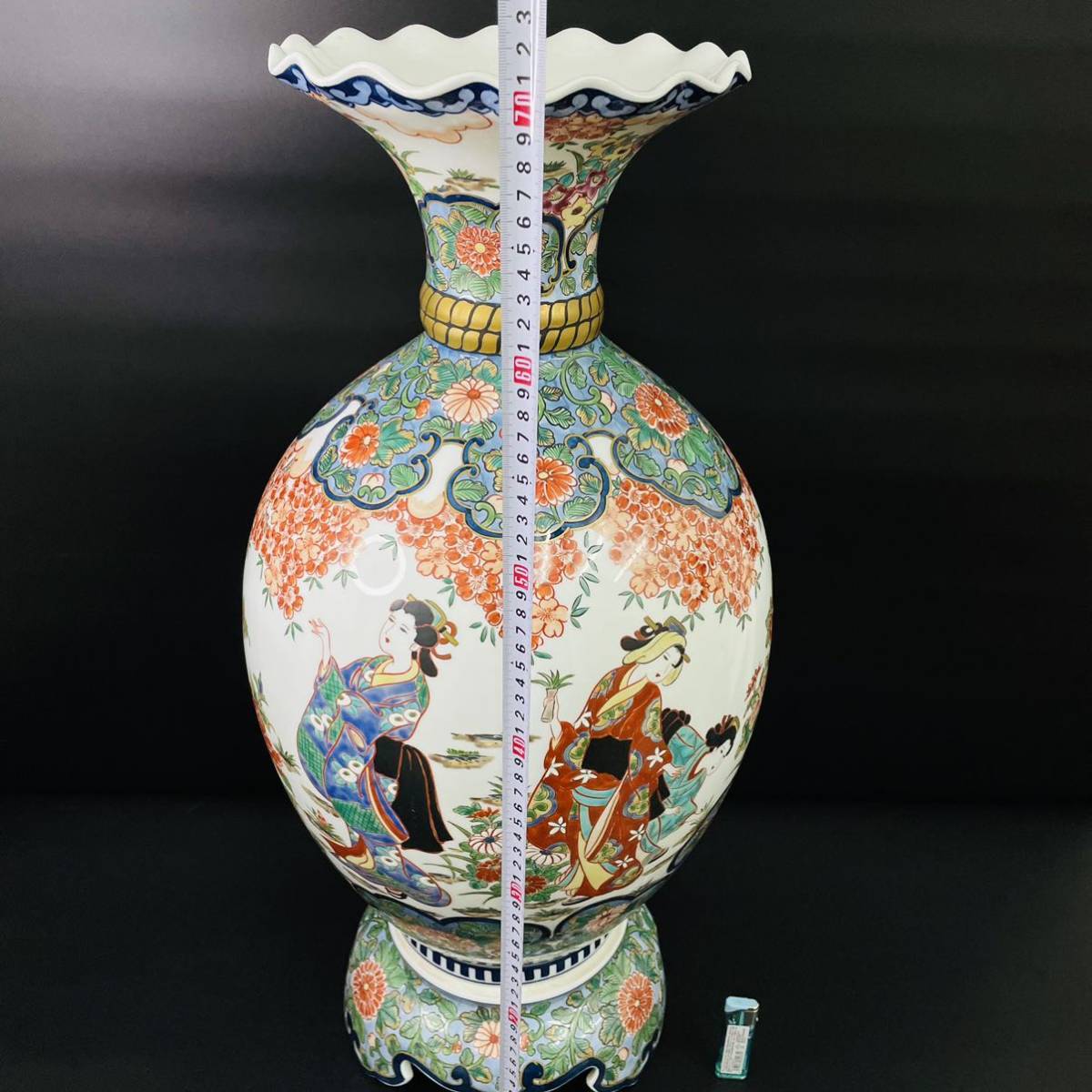 古美術品 有田焼 色絵美人金彩花鳥紋図 壺 沈香壺 特大約70cm 検)飾壷