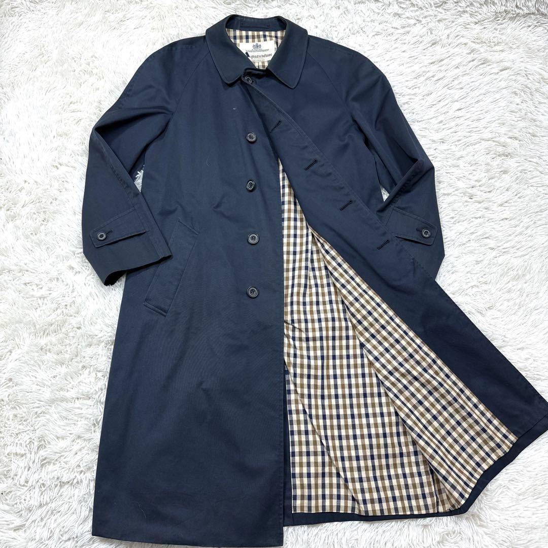 極美品/アクアスキュータム【圧巻の英国紳士】aquascutum/ステンカラーコート/チェスター/大きいサイズXL/イングランド製/マキシ丈/紺