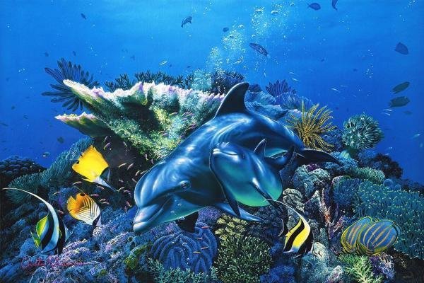 【真作】【WISH】ラッセン C.R. Lassen「マザーズ ラブ」アータグラフ キャンバス仕様 30号 大作 証明シール ◆イルカ　 #23012581_3