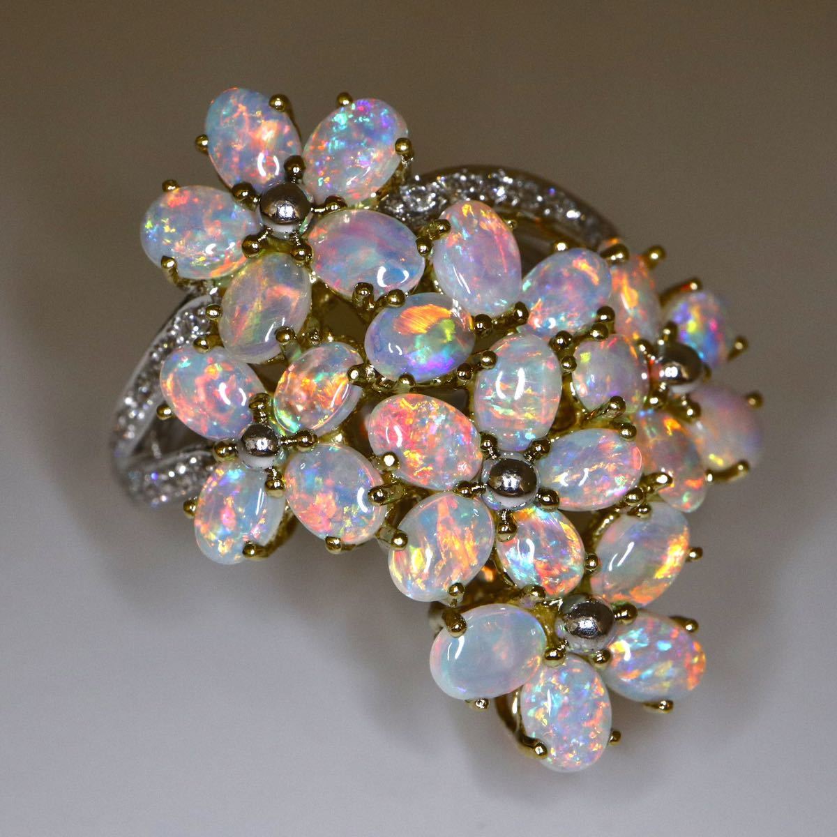美品!!◆K18YG/WG 天然ホワイトオパール/天然ダイヤモンドリング◆9.4g14号 white opal diamond 指輪 ring ジュエリー jewelry EE8 f