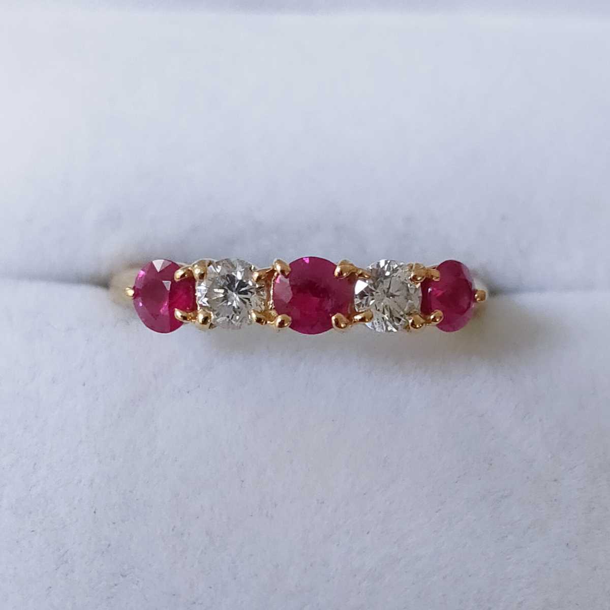 ダイヤモンド×ルビー エタニティ 一文字 リング K18YG 0.60ct 0.32ct 